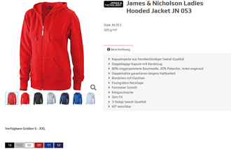 James & Nicholson Ladies Hooded    Jacket JN 053   320 g/m²